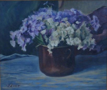 J JURT Bouquet de fleurs Huile sur isorel, signée en bas à gauche 46 x 55 cm