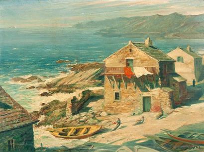 P. REMY Maisons en bord de mer, 1942 Huile sur toile,signée et datée en bas à droite...