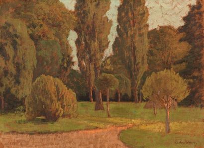 Charles CARLOS-LEFEBVRE (1853-1938) Paysage aux arbres Huile sur panneau, signée...