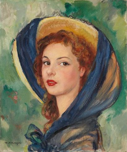 Maurice EHLINGER (1896-1981) Portrait de jeune femme au chapeau Huile sur toile,...