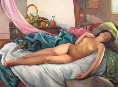 Maurice EHLINGER (1896-1981) Nu allongé, circa 1974 Huile sur toile, signée en bas...