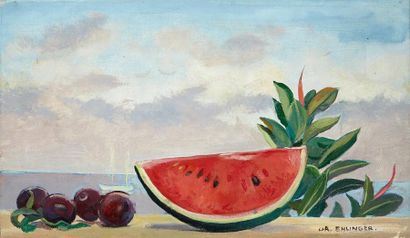 Christian EHLINGER (né en 1931) Fruits sur la plage HIle sur toile signée en bas...