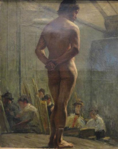 Ecole française du XXème Nu masculin dans l'atelier Huile sur toile Accidents et...