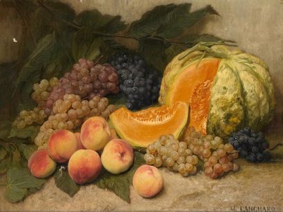 Adolph LANGHARD (1845-1906) Nature morte au melon Huile sur toile, signée en bas...