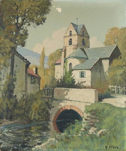 Forlis-Raoul ETEVE (XIX°-XX°) Village au bord de l'eau Huile sur toile, signée en...