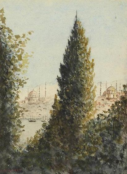 N TRUBERT Vue de Constantinople Aquarelle, signée en bas à gauche 22.5 x 17 cm à...
