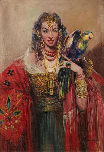 Giordano GIOVANETTI (1906-1973) Femme au perroquet Huile sur toile, signée en bas...