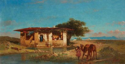 Henri VAN WYK (né en 1833) L'oasis Huile sur toile, signée en bas à droite 35 x 65...