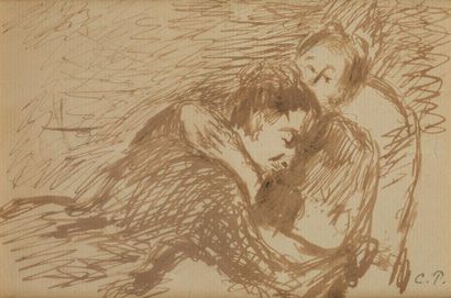 Attribué à Camille PISSARRO (1830-1903) Femmes dormant Encre, avec un monogramme...