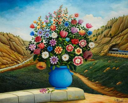 E BLONDEL Bouquet de fleurs Huile sur toile, signée 81 x 101 cm