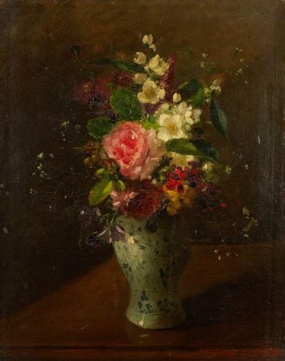 Louise DARRU Bouquet de fleurs Huile sur toile, signée en bas à droite 41 x 32 c...