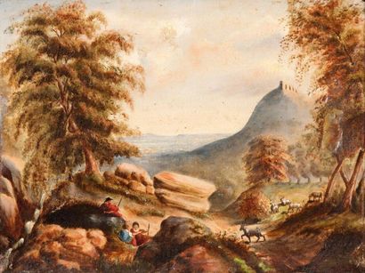 Dans l'esprit du XVIIème italien Scène champêtre, bergers dans un paysage de montagne...