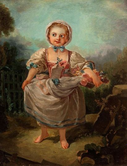 D'après François BOUCHER Portrait de fillette portant un panier de fleur Huile sur...