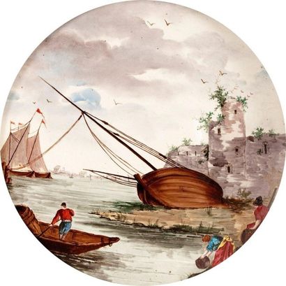 Paysage marin dans l'esprit du XVIIIème Peinture sur porcelaine Diam:38 cm