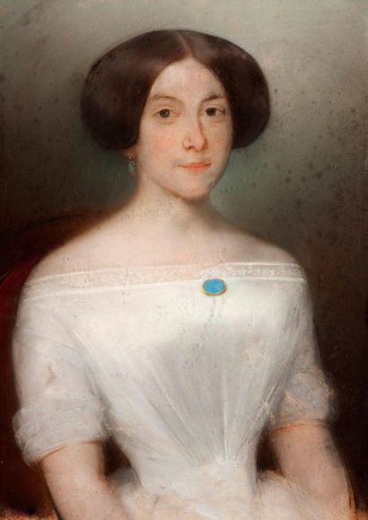 Ecole Française du XIXème Portrait de jeune femme en robe blanche Pastel sur papier...