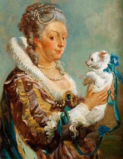 D'après Jean Honoré FRAGONARD Portrait de femme et son chien Huile sur toile 40 x...