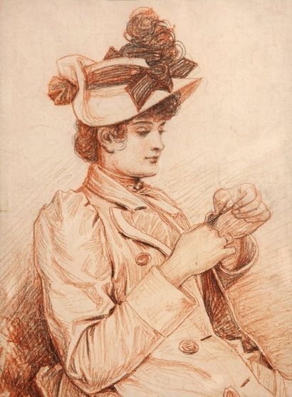 Ecole française fin XIXeme- début XXeme Portrait de jeune élégante au chapeau Fusain...