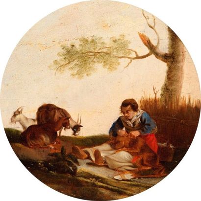 Ecole ITALIENNE du XVIIIème Jeune bergère épouillant son chien Huile sur bois Diam:...