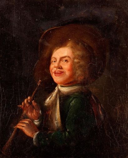 Dans l'esprit du XVIIIème siècle Le joueur de flûte Huile sur bois 24 x 20.5 cm