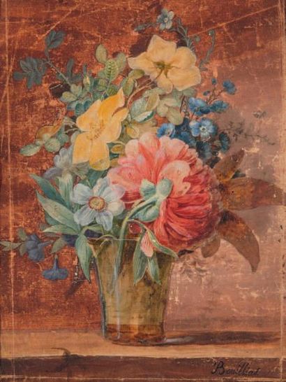 BOUILLIAT Vase de fleurs Aquarelle XVIIIème siècle A vue 23 x 17 cm. Pliures et ...