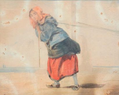 Emile LOUBON (1809-1863) Paysane Petite aquarelle 15 x 19 cm Taches