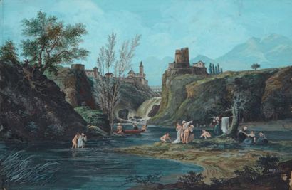 Dans le goût de Jérome Martin Langlois Femme au bain dans un paysage Petite gouache....