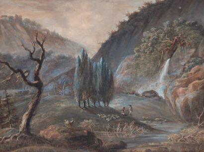 Ecole Suisse du XVIIIème siècle Paysage à la cascade Gouache A vue 14,5 x 20 cm Cadre...
