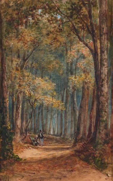 William WYLD (1806-1889) Homme dans un sous bois Petite aquarelle A vue 17 x 10,5...