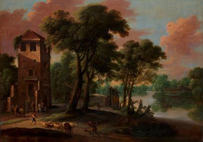 Attribué à Jacques D'ARTHOIS (1613-1686) Paysage fluvial animé Huile sur toile 82...