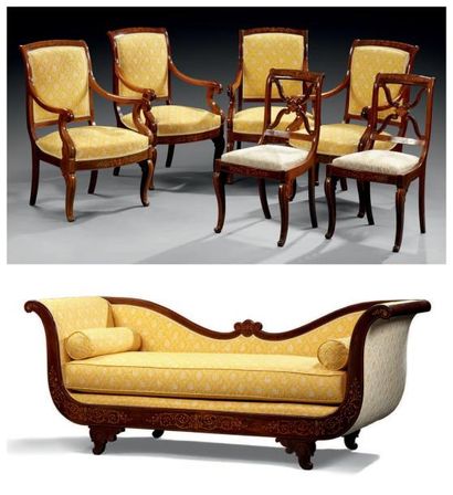 null Beau mobilier de salon composé de quatre fauteuils, d'une paire de chaises et...