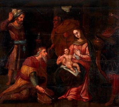 Ecole FLAMANDE du XVIIème siècle L'Adoration des Mages Huile sur panneau 70 x 78...