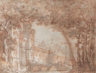 Ecole Française du XVIIIème siècle Vue des remparts d'un château Plume, encre brune...