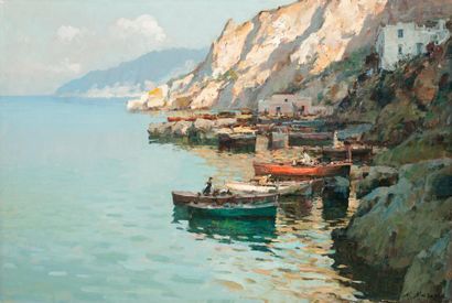 Mario MARESCA (né en 1877) Pêcheurs au pied des falaises Huile sur toile, signée...