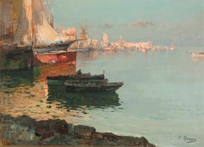 Mario MARESCA (né en 1877) Port méditerranéen Huile sur toile, signée en bas à droite...
