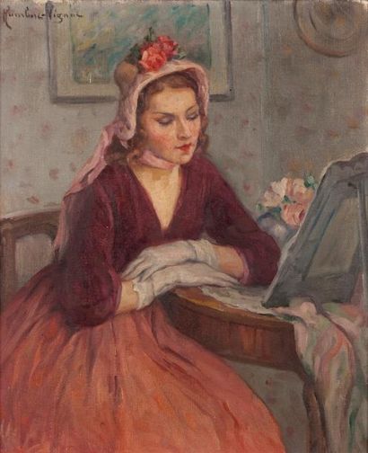 Léonie HUMBERT-VIGNOT (1878-1960) Jeune femme au chapeau fleuri Huile sur toile,...