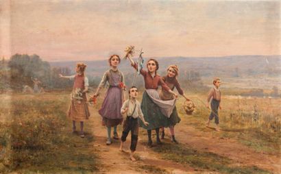 César PATTEIN (1850-1931) La rentrée de champs Huile sur toile signée et datée 1913...