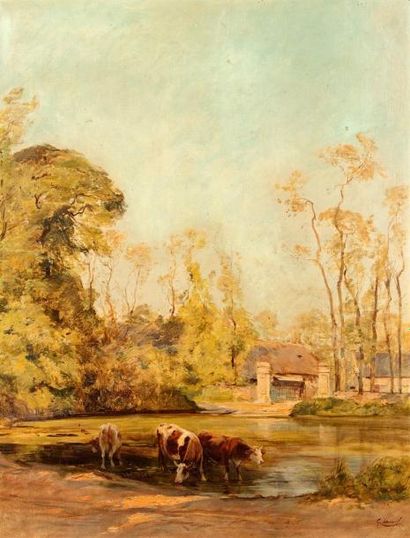 Georges Henri FAUVEL (1890) Vaches broutant à l'orée du bois Huile sur toile, signée...