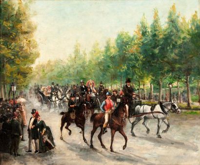 A. BELLIN Départ de course sur les Champs-Elysées Huile sur toile, signée et datée...