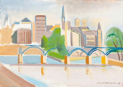 Nicolas Poliakoff (1889-1976) Le Pont des Arts, Paris Huile sur toile, signée et...