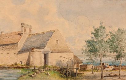 Victor VIGNON (1847-1909) Le moulin Aquarelle contrecollée, signée en bas à droite...