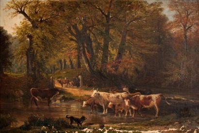 James DESVARREUX-LARPENTEUR (1847-1937) Berger et son troupeau Huile sur toile, signée...