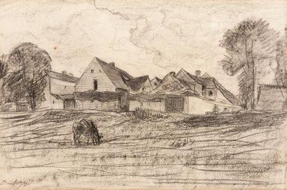 Charles François DAUBIGNY (1817-1878) Village et âne Fusain sur papier, signé en...