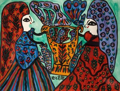 MAHIEDDINE BAYA (1931-1998) Femmes aux paons et aux poissons, 1992 Gouache et aquarelle...