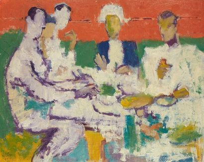 FIKRET MUALLA (1903-1967) Scène de café, 1953 Huile sur carton, signée et datée en...