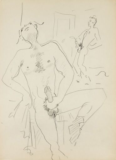Jean COCTEAU (1889-1963) Scène érotique, deux hommes, 1957- 1958 Crayon sur papier...