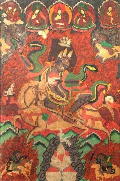 null Tanka représentant une divinité bouddhique à cheval. Tibet, 20 ème siècle 62...