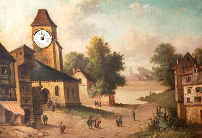 null Tableau horloge avec une huile sur toile représentant un village animé. Cadre...