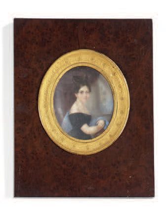 Pierre-Emmanuel de POMMAYRAC (1807-1880) Portrait d'une jeune femme au châle bleu,...