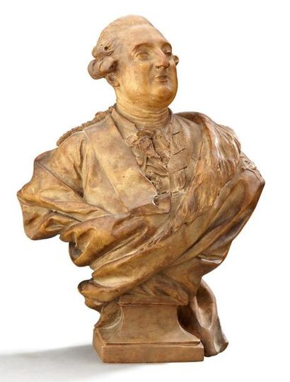 null Buste en plâtre patiné représentant Louis XVI, la tête légèrement tournée. Piedouche...