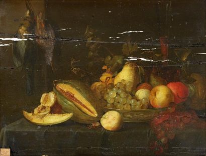 Jacob Fopsen VAN ES (vers 1617- après 1666) Nature morte au melon d'eau et coupe...